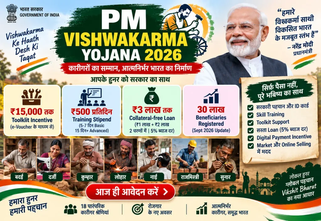 PM Vishwakarma Yojana 2026: ₹15,000 Toolkit, ₹500/Day Training और ₹3 लाख तक Loan, जानें पूरी जानकारी 1 PM Vishwakarma Yojana 2026: ₹15,000 Toolkit, ₹500/Day Training और ₹3 लाख तक Loan, जानें पूरी जानकारी